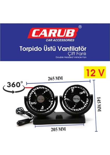 12V VANTİLATÖR (ÇAKMAK FİŞLİ) (TORPİDO ÜSTÜ) (ÇİFT FANLI)