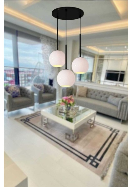 Şık 3'lü siyah sarkıt avize, açık ağzı beyaz cam, modern tasarım, metal materyal, 3 ampüllü