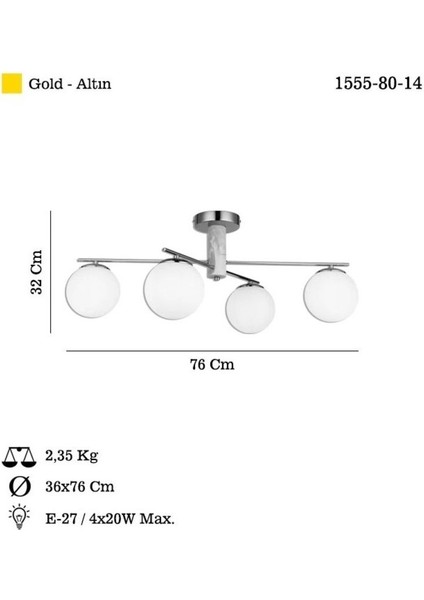 4'lü Metal ve Mermer Tasarım Tavan Lambası, Ebat 32x70, 4x E27, Şık ve Modern