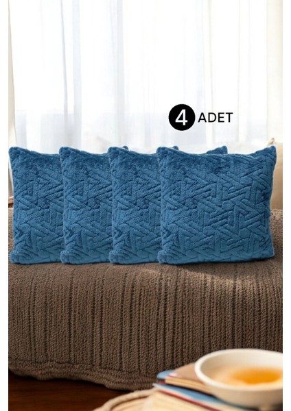 Bohem 4'lü Dekoratif Yastık Kılıfı Kırlent Kılıfı 45 x 45 cm Petrol Mavisi Zikzak Desen