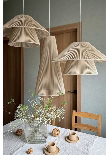 Rattan Bambu Hasır Makrome Sarkıt Avize 3 Lü Set 40 cm Çap