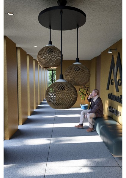 Şık 3'lü Siyah Sarkıt Avize ve Hasır Başlık Takımı 30x60