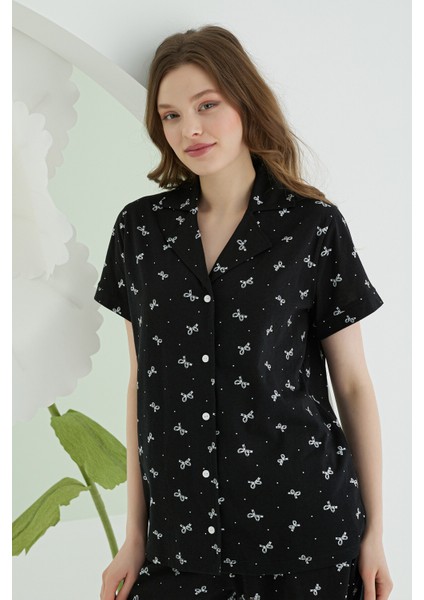 Bow Önden Düğmeli Şortlu Pijama Takım
