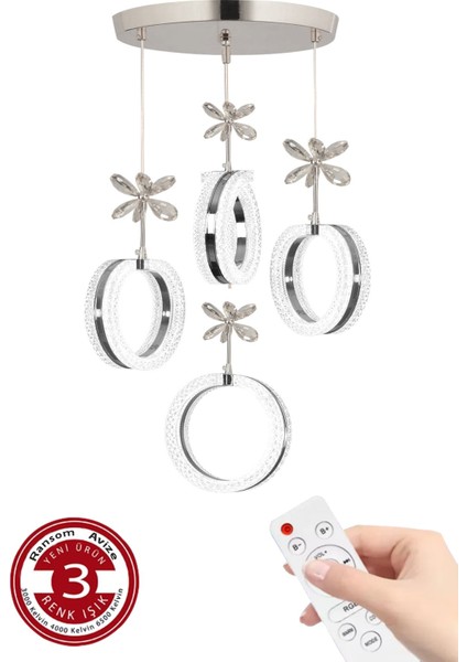 3 Renk Kumandalı Krom Kasa Yüzük LED Avize 4 Lü Modern Ledli Avize