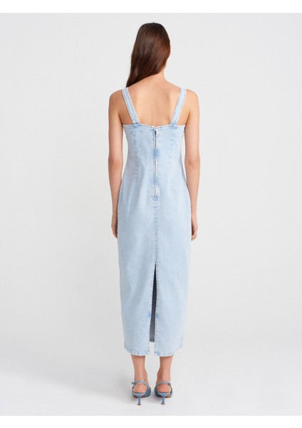 90554 Likralı Kalın Askılı Denim Elbise-Mavi fiyatları
