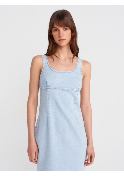 90554 Likralı Kalın Askılı Denim Elbise-Mavi fırsatları