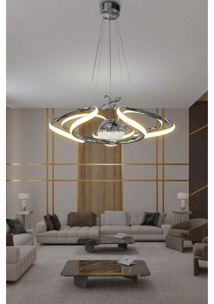 Dron Modern 4 Kol Tek Top Sarkıt Power LED Avize - 3 Renk Kumandasız Krom
