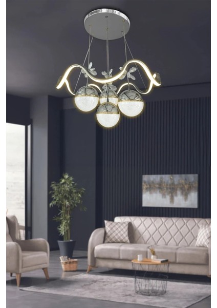 Modern 4'lü LED avize, 3 renk seçeneği, kumandasız, şık krom tasarım