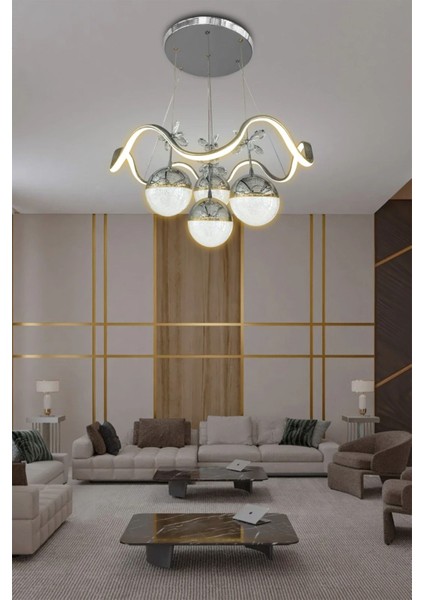 Modern 4'lü LED avize, 3 renk seçeneği, kumandasız, şık krom tasarım fiyatları