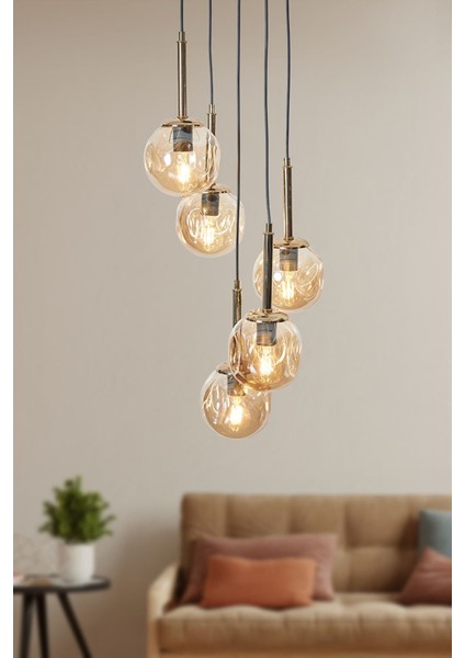 Altın Renkli Camlı Metal Sarkıt Avize, 5 LEDli, Modern ve Şık Tasarım