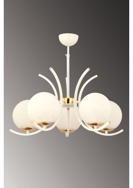 5'li Beyaz Modern Sarkıt Avize, Metal, 56x47 cm, Oturma Odası ve Salon Kullanımı