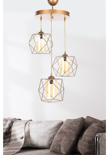 Şık 3’lü Sarkıt Eskitme Metal Aydınlatma Seti, Çelik, 40x83 Boyut