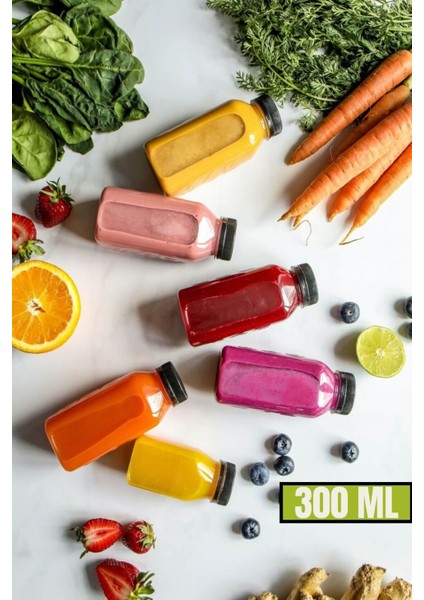 10 Adet 300 ml Smoothie Detoks Şişesi Şeffaf Plastik Sızdırmaz Kapak Köşeli Meyve Suyu Şişesi