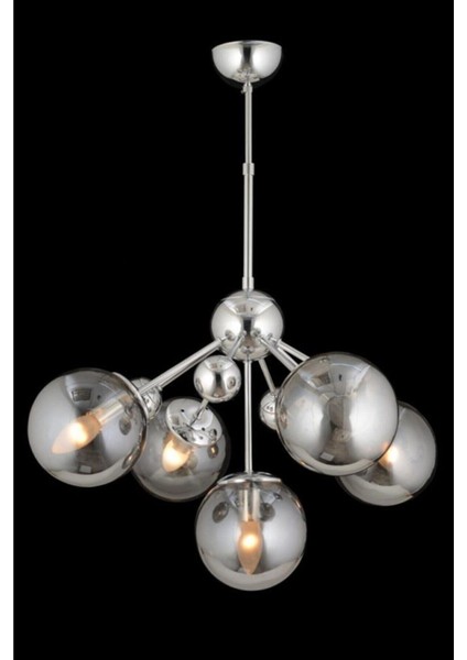 5'li Krom Füme Camlı Modern Avize Seti, Metal, 60x75 cm, Şık ve Zarif Aydınlatma