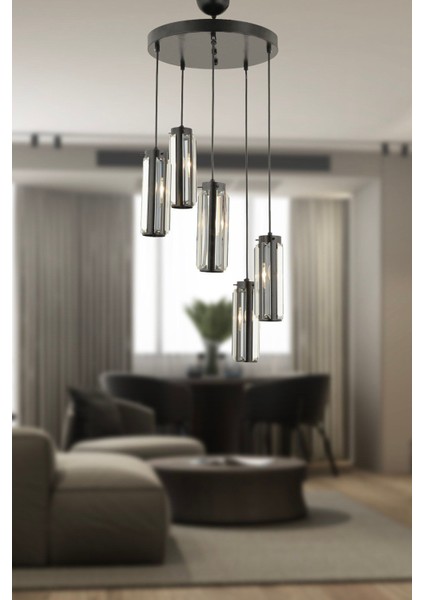 5'li Siyah Yuvarlak Kristal Sarkıt Avize, Modern Salon Aydınlatması