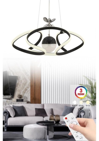 Modern Siyah LED Avize, Kumandalı, 3 Renk Seçeneği, Şık ve Fonksiyonel Tasarım