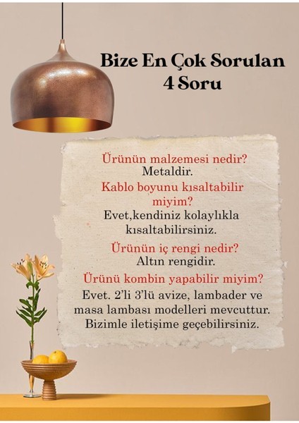 Bakır Renkli Modern Tekli Avize, Salon, Mutfak, Cafe Dekorasyonu, Metal Tasarım