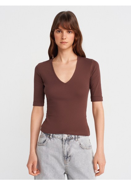 31843 V Yaka T-Shirt-Açık Kahve