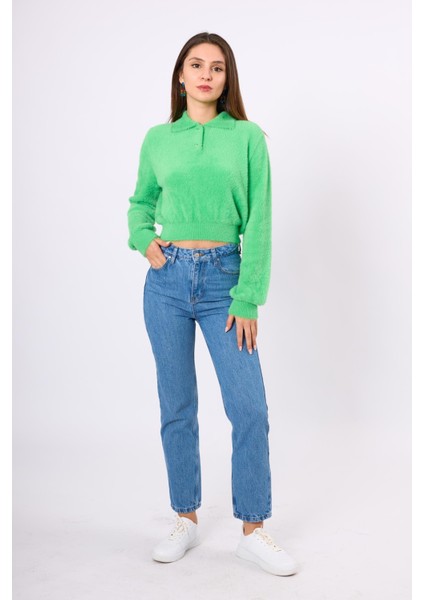 Lucy Krop Kesim Polo Yaka Kadın Triko Bluz - Açık Yeşil
