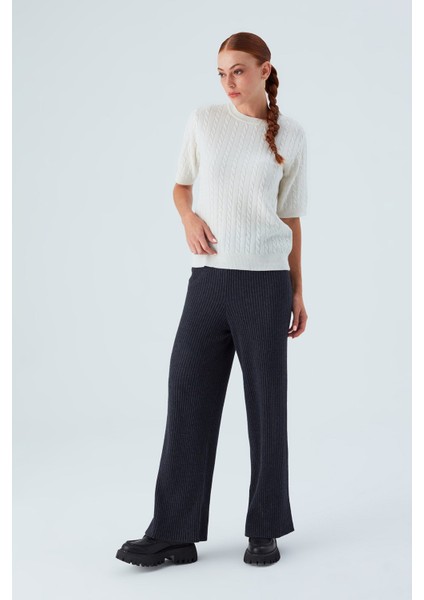 NICOLE BLOUSE Saç Örgülü Kısa Kollu Kaşmirli Kadın Triko Bluz - Ekru