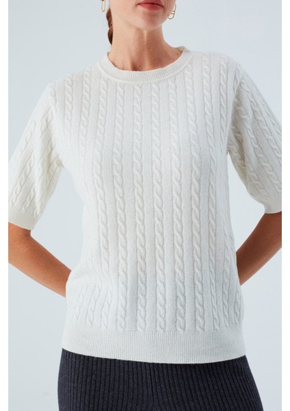 NICOLE BLOUSE Saç Örgülü Kısa Kollu Kaşmirli Kadın Triko Bluz - Ekru fırsatları