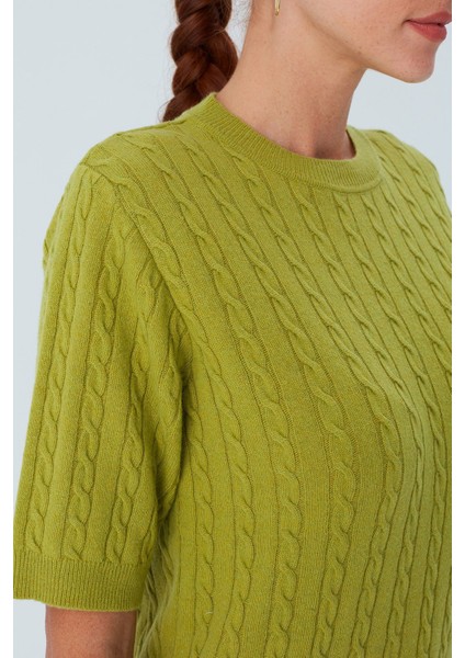 NICOLE BLOUSE Saç Örgülü Kısa Kollu Kaşmirli Kadın Triko Bluz - Yeşil indirimleri