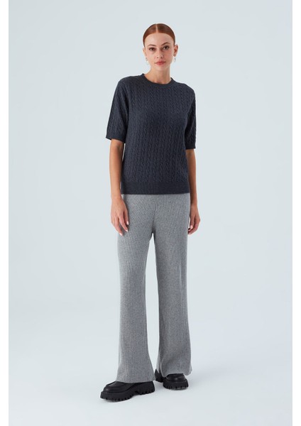 NICOLE BLOUSE Saç Örgülü Kısa Kollu Kaşmirli Kadın Triko Bluz - Antrasit
