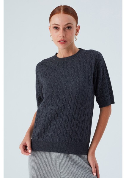 NICOLE BLOUSE Saç Örgülü Kısa Kollu Kaşmirli Kadın Triko Bluz - Antrasit fiyatları