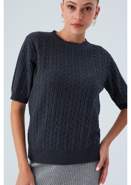 NICOLE BLOUSE Saç Örgülü Kısa Kollu Kaşmirli Kadın Triko Bluz - Antrasit modelleri