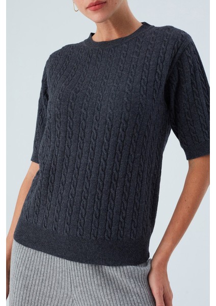 NICOLE BLOUSE Saç Örgülü Kısa Kollu Kaşmirli Kadın Triko Bluz - Antrasit fırsatları