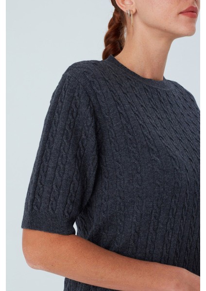 NICOLE BLOUSE Saç Örgülü Kısa Kollu Kaşmirli Kadın Triko Bluz - Antrasit indirimleri