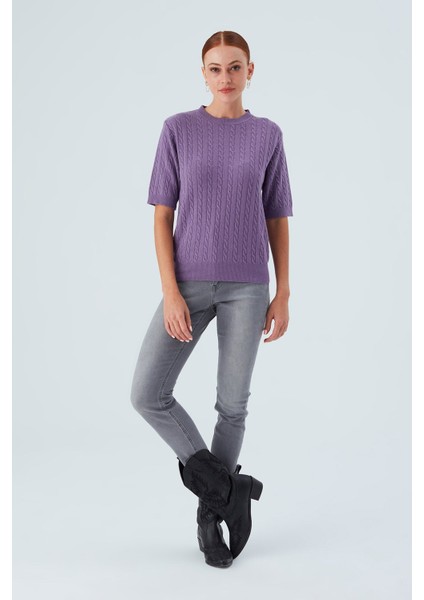 NICOLE BLOUSE Saç Örgülü Kısa Kollu Kaşmirli Kadın Triko Bluz - Pastel Mor
