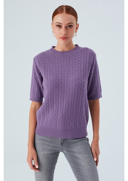 NICOLE BLOUSE Saç Örgülü Kısa Kollu Kaşmirli Kadın Triko Bluz - Pastel Mor fiyatları