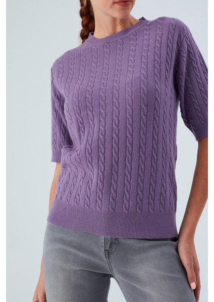 NICOLE BLOUSE Saç Örgülü Kısa Kollu Kaşmirli Kadın Triko Bluz - Pastel Mor fırsatları