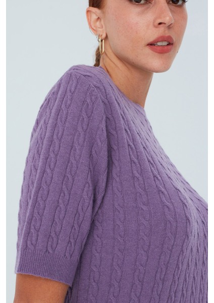 NICOLE BLOUSE Saç Örgülü Kısa Kollu Kaşmirli Kadın Triko Bluz - Pastel Mor indirimleri
