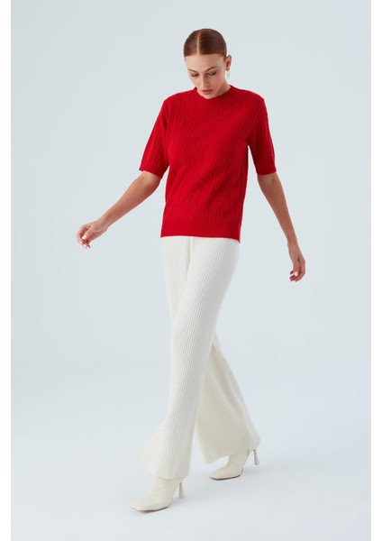 NICOLE BLOUSE Saç Örgülü Kısa Kollu Kaşmirli Kadın Triko Bluz - Kırmızı