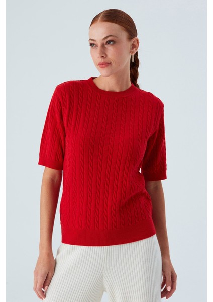 NICOLE BLOUSE Saç Örgülü Kısa Kollu Kaşmirli Kadın Triko Bluz - Kırmızı