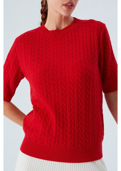 NICOLE BLOUSE Saç Örgülü Kısa Kollu Kaşmirli Kadın Triko Bluz - Kırmızı