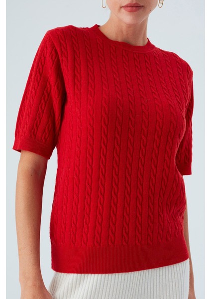 NICOLE BLOUSE Saç Örgülü Kısa Kollu Kaşmirli Kadın Triko Bluz - Kırmızı