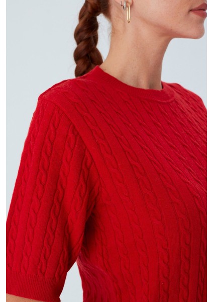 NICOLE BLOUSE Saç Örgülü Kısa Kollu Kaşmirli Kadın Triko Bluz - Kırmızı