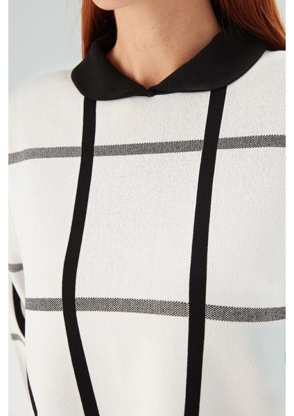 GEMMA BLOUSE Bebe Yaka Geometrik Desenli Kadın Triko Bluz - Ekru/Siyah fırsatları