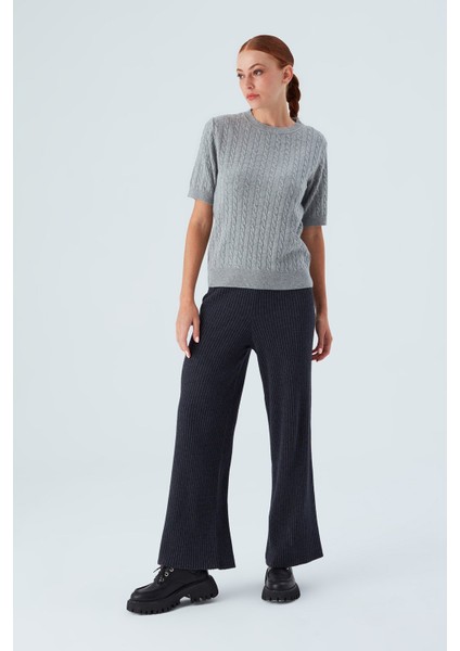NICOLE BLOUSE Saç Örgülü Kısa Kollu Kaşmirli Kadın Triko Bluz - Gri Melanj