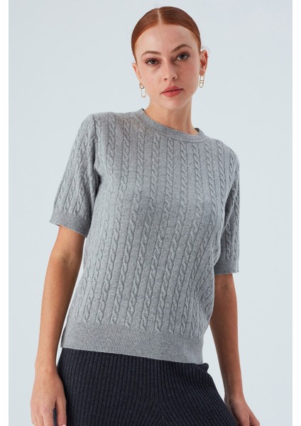 NICOLE BLOUSE Saç Örgülü Kısa Kollu Kaşmirli Kadın Triko Bluz - Gri Melanj fiyatları