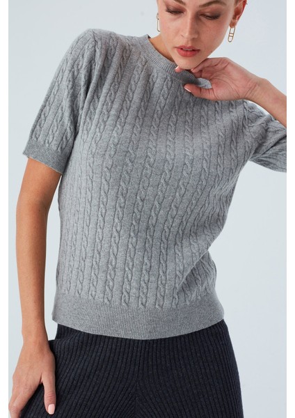 NICOLE BLOUSE Saç Örgülü Kısa Kollu Kaşmirli Kadın Triko Bluz - Gri Melanj modelleri