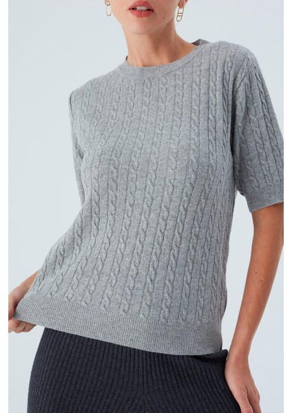 NICOLE BLOUSE Saç Örgülü Kısa Kollu Kaşmirli Kadın Triko Bluz - Gri Melanj fırsatları