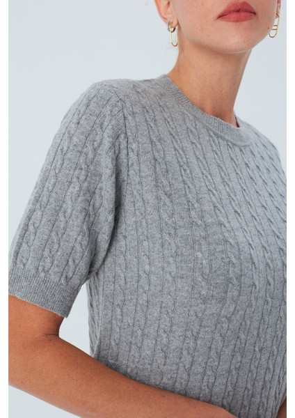 NICOLE BLOUSE Saç Örgülü Kısa Kollu Kaşmirli Kadın Triko Bluz - Gri Melanj indirimleri
