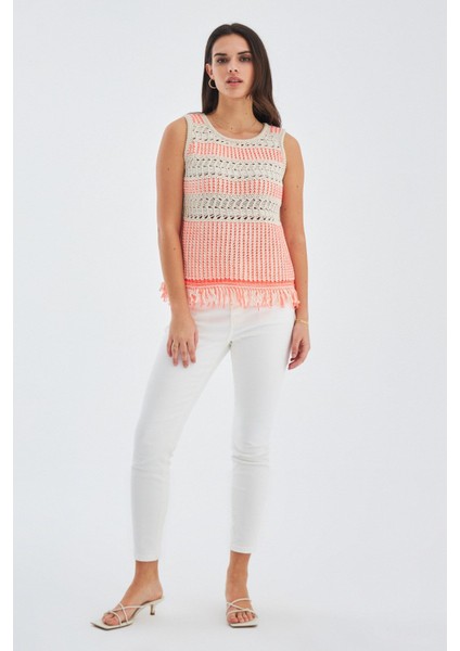 KIYO BLOUSE Püskül Detaylı Kolsuz Yazlık Kadın Triko Bluz - Bej/Neon Turuncu