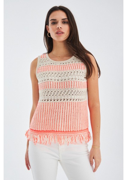 KIYO BLOUSE Püskül Detaylı Kolsuz Yazlık Kadın Triko Bluz - Bej/Neon Turuncu fiyatları