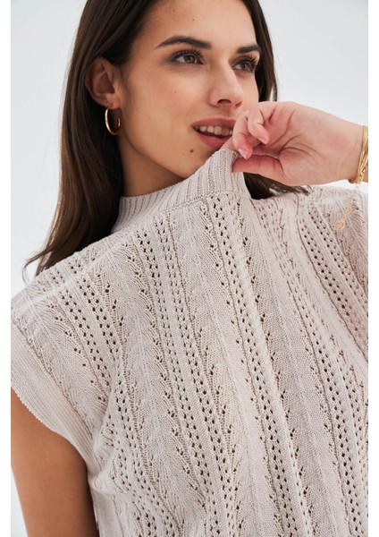 SİMA BLOUSE Ajur Detaylı Düşük Kollu Yazlık Kadın Triko Bluz - Bej modelleri