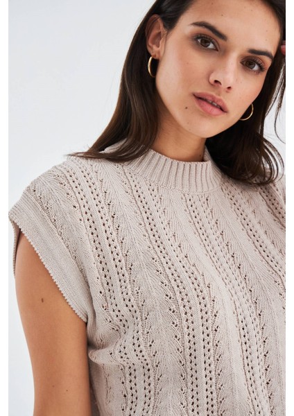 SİMA BLOUSE Ajur Detaylı Düşük Kollu Yazlık Kadın Triko Bluz - Bej fırsatları